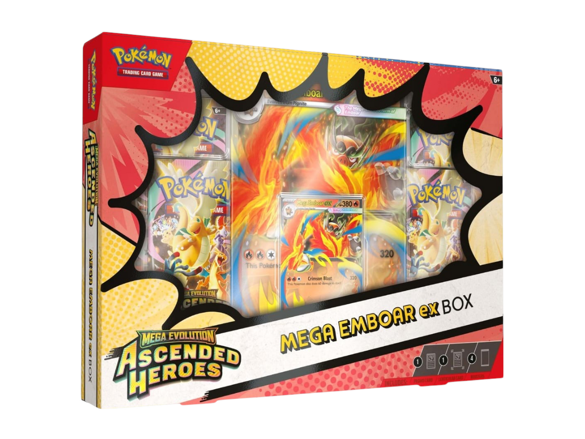 JeevzPlug Pokemon TCG Mega Emboar EX Box featuring Ascended Heroes booster packs and exclusive foil promo cards.
