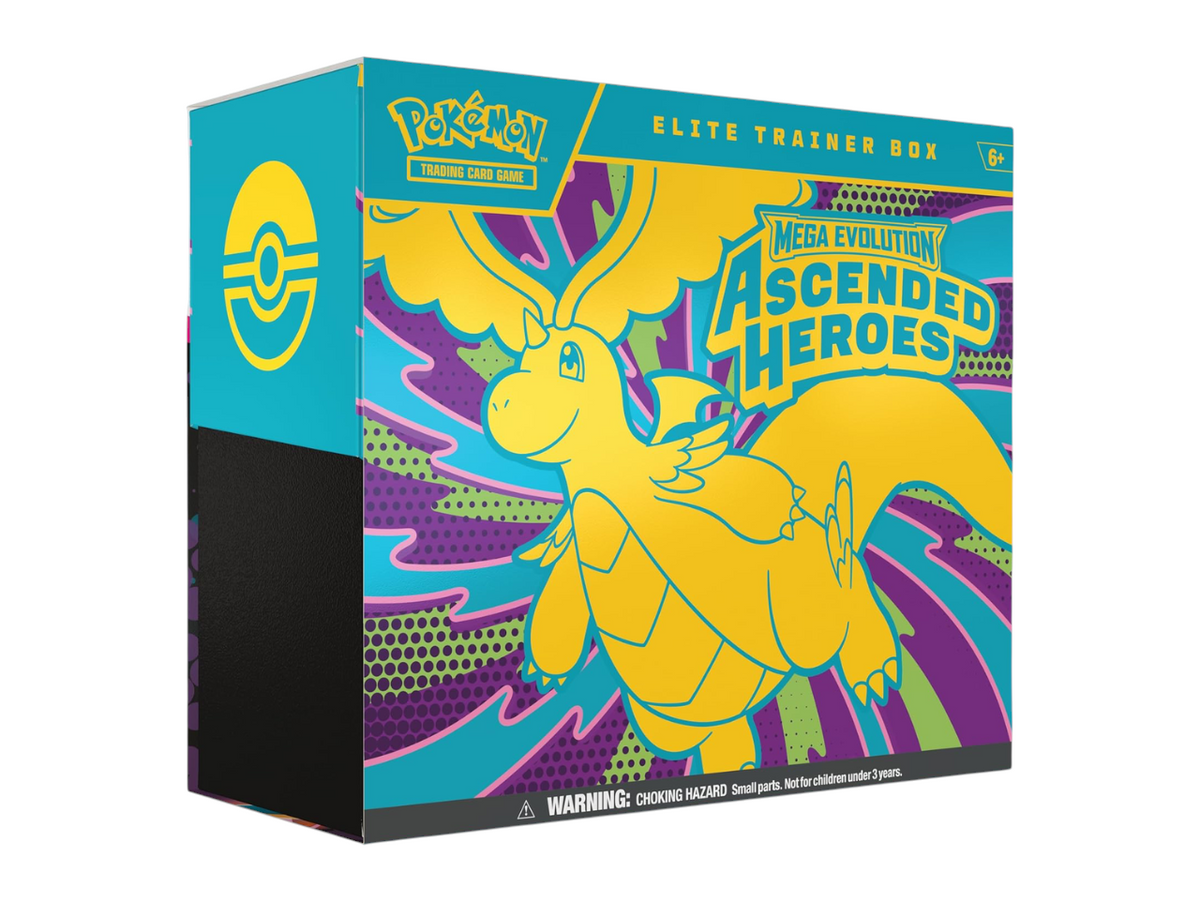 JeevzPlug Pokemon TCG Mega Evolution Ascended Heroes Elite Trainer Box featuring a yellow Dragonite illustration.