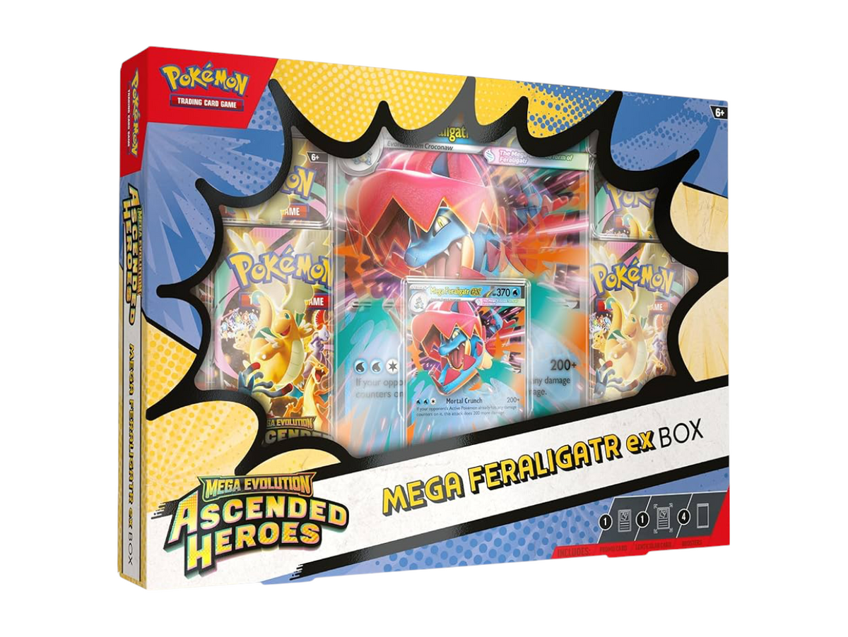 JeevzPlug Pokemon TCG Mega Feraligatr EX Box featuring Mega Evolution cards and four booster packs.