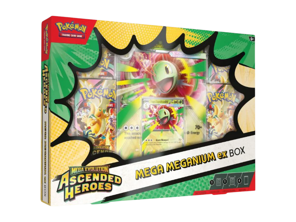 JeevzPlug Pokemon TCG Mega Meganium EX box featuring foil promo cards and four booster packs from Ascended Heroes.