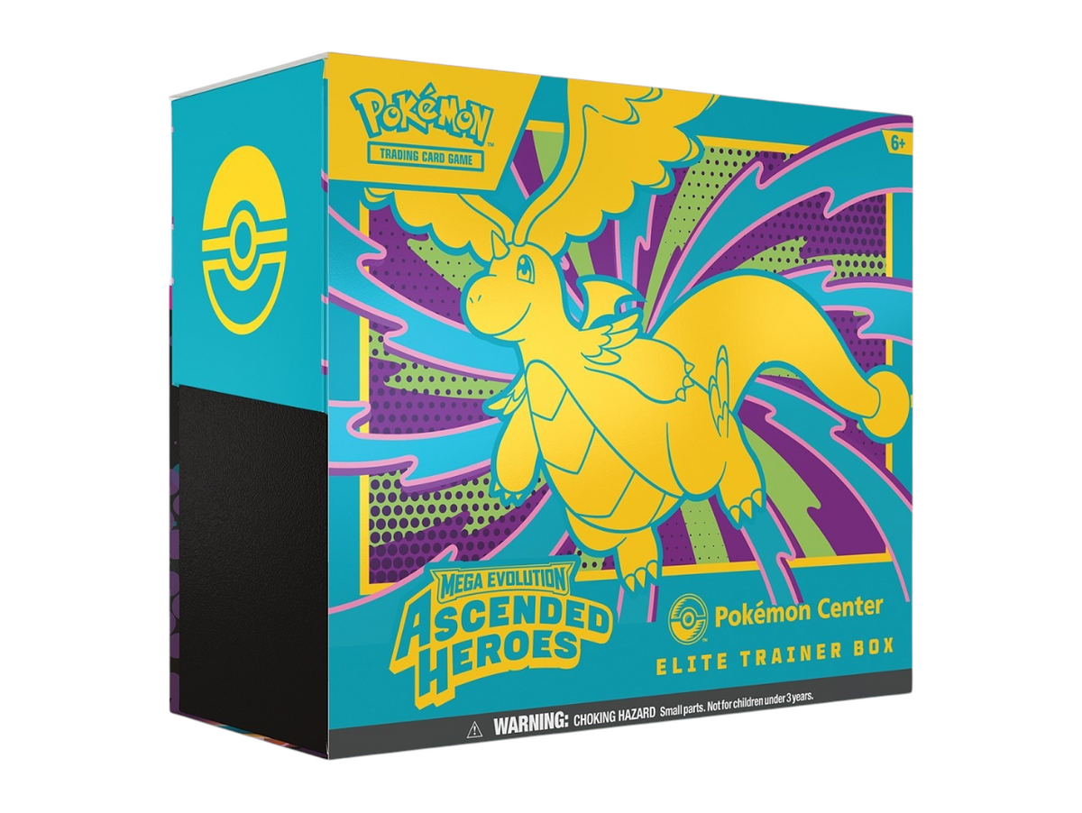 JeevzPlug Pokemon TCG Mega Evolution Ascended Heroes Elite Trainer Box featuring a yellow Dragonite illustration.