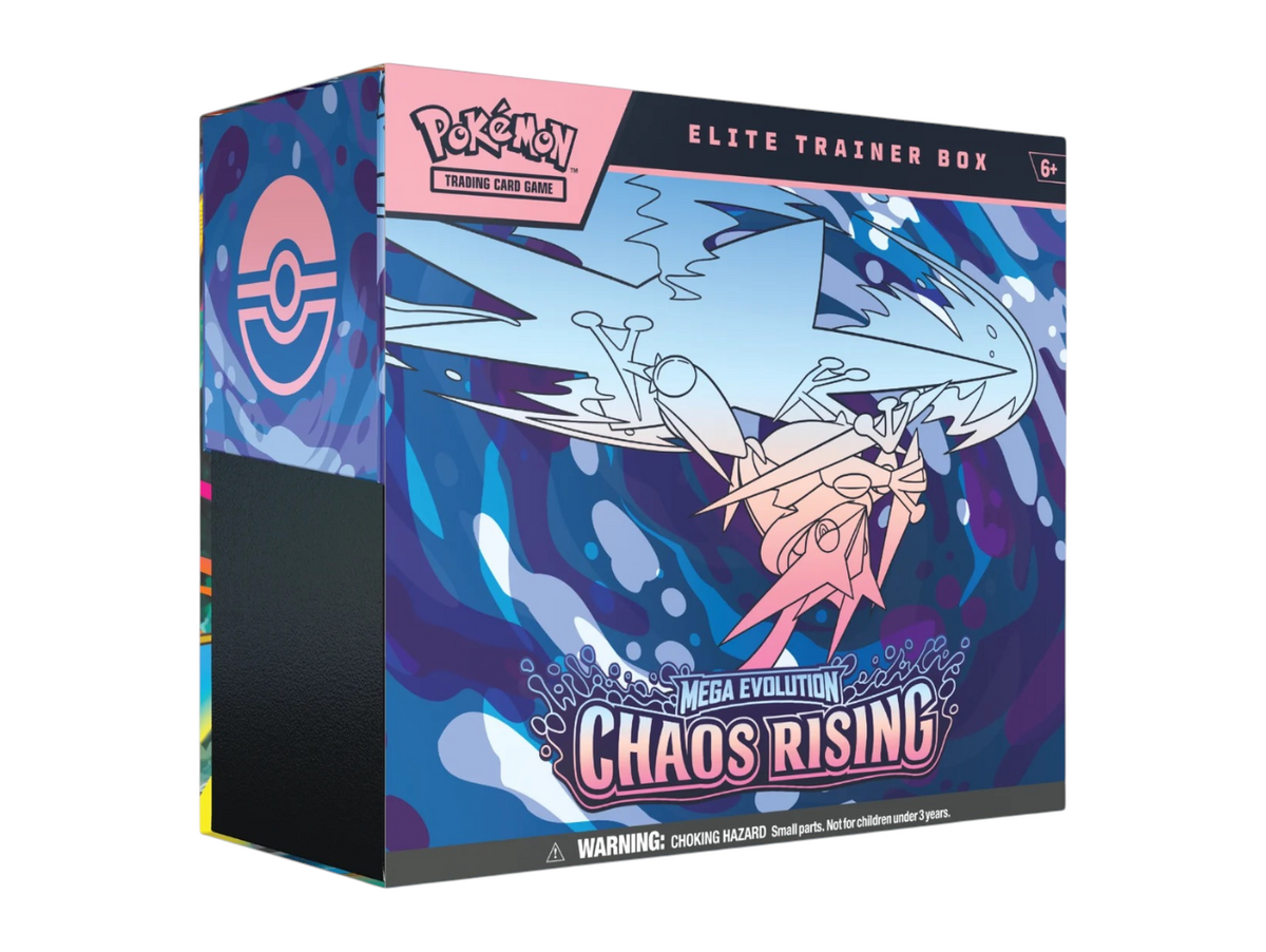 JeevzPlug Pokemon TCG Mega Evolution Chaos Rising Elite Trainer Box featuring vibrant blue and pink graphic art