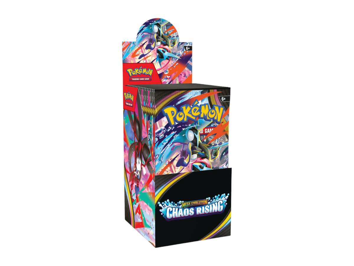 JeevzPlug Pokemon TCG Mega Evolution Chaos Rising half display booster box featuring vibrant character artwork.