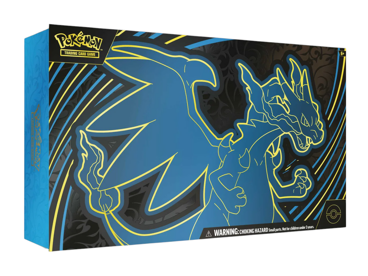 JeevzPlug Pokemon TCG Mega Charizard X Ultra Premium Collection box with blue and yellow dragon artwork