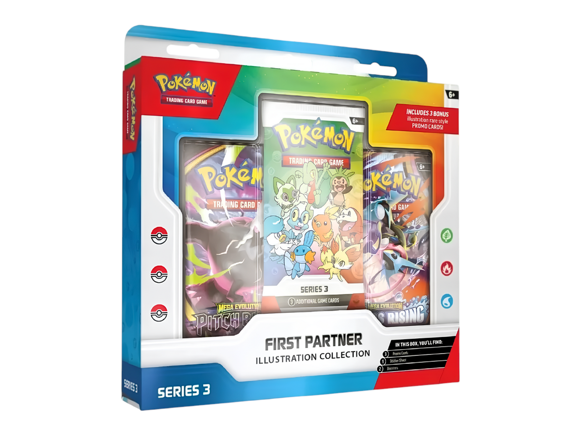 JeevzPlug Pokemon TCG First Partner Illustration Collection Series 3 box with promo cards, boosters, and stickers.