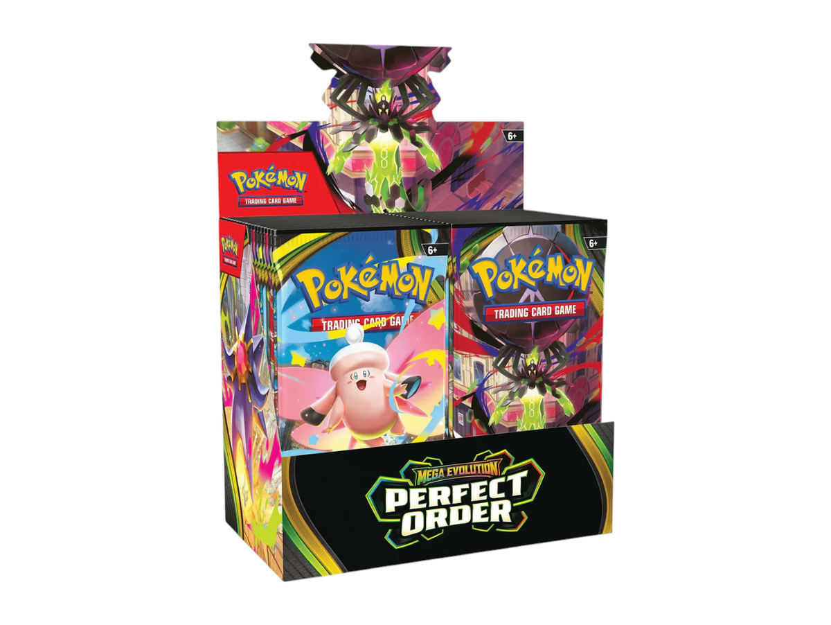 JeevzPlug Pokemon TCG Mega Evolution Perfect Order booster display box featuring colorful character artwork
