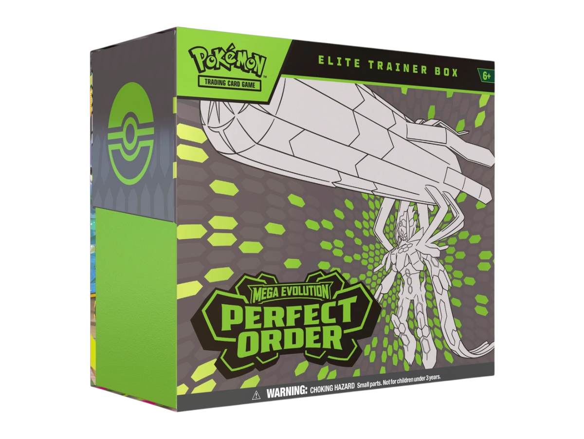 JeevzPlug Pokemon TCG Mega Evolution Perfect Order Elite Trainer Box with green and black graphic packaging