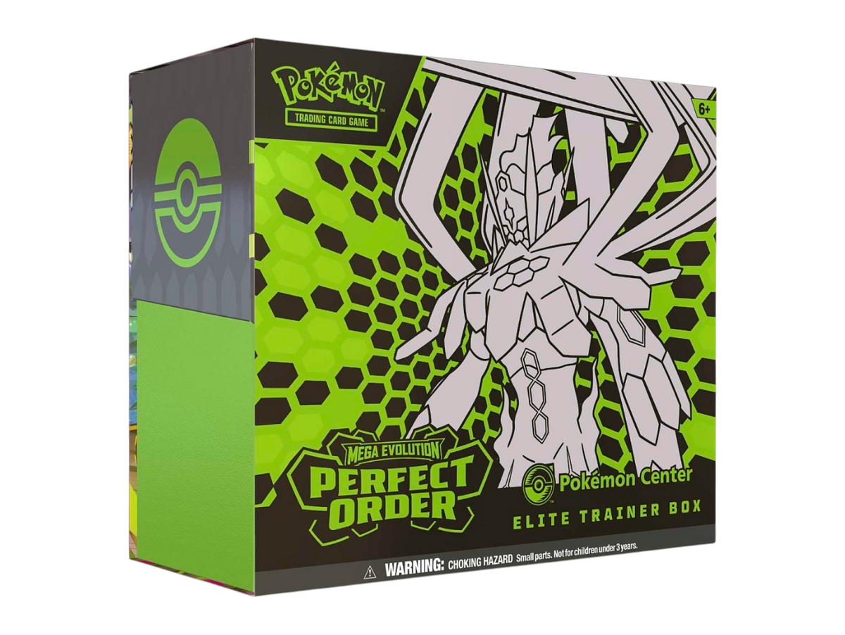 JeevzPlug Pokemon TCG Mega Evolution Perfect Order Elite Trainer Box with green and black hexagonal design