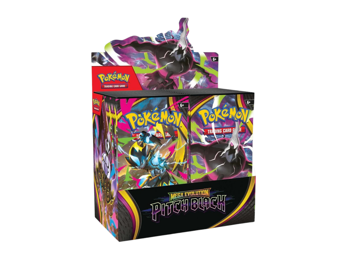 JeevzPlug Pokemon TCG Mega Evolution Pitch Black booster display box featuring vibrant character artwork