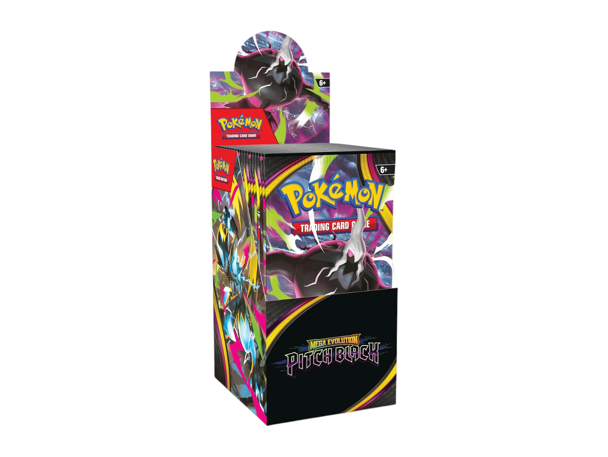JeevzPlug Pokemon TCG Mega Evolution Pitch Black half booster box display featuring dark artwork and branding.