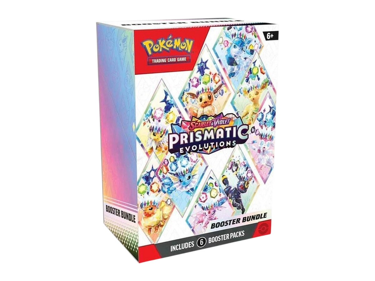 JeevzPlug Pokemon TCG Scarlet & Violet Prismatic Evolutions 6-pack booster bundle box with colourful Eevee artwork.