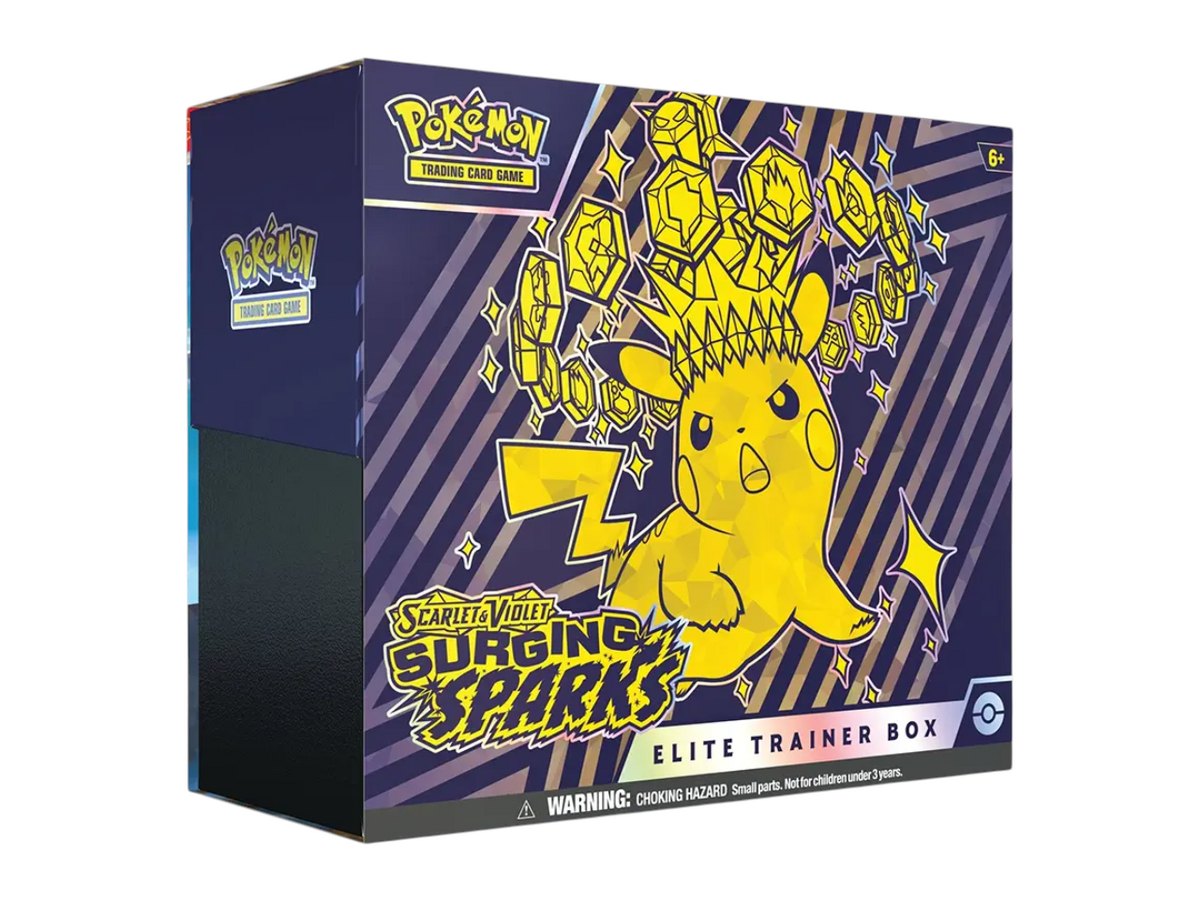JeevzPlug Pokemon TCG Scarlet & Violet Surging Sparks Elite Trainer Box featuring Pikachu with a crystal crown
