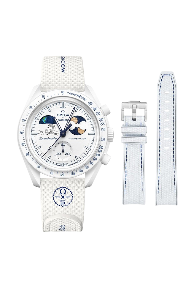 JeevzPlug Swatch x Omega MoonSwatch Cold Moon watch with white bioceramic case, Earthphase display, and Snoopy moonphase.