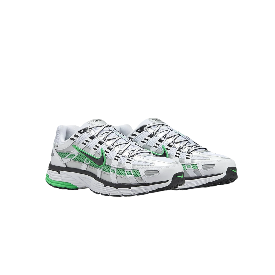 JeevzPlug Nike P-6000 sneakers in white mesh with metallic silver, spring green overlays, and black Swoosh details.