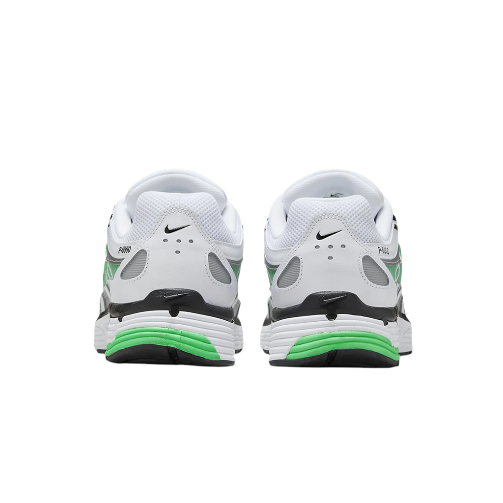 JeevzPlug Nike P-6000 Spring Green sneakers showing the white, metallic silver, and green heel view with black Swoosh.