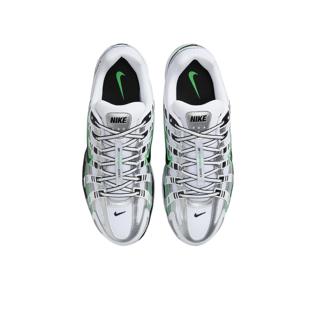 JeevzPlug Nike P-6000 sneakers in white, metallic silver, and spring green with a mesh base and layered overlays.