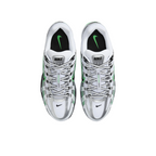 JeevzPlug Nike P-6000 sneakers in white, metallic silver, and spring green with a mesh base and layered overlays.