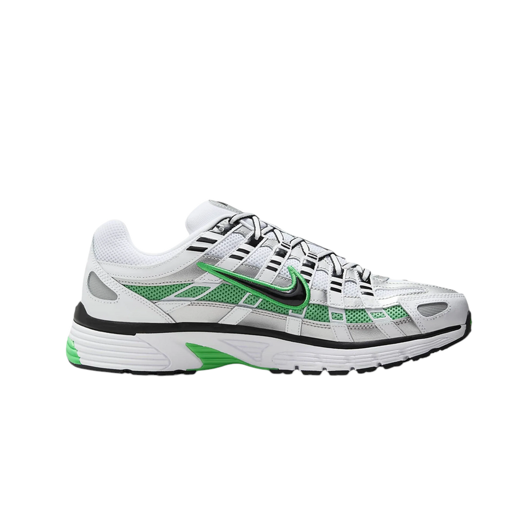 JeevzPlug Nike P-6000 sneaker in white mesh with metallic silver, spring green overlays, and a black Swoosh side view.