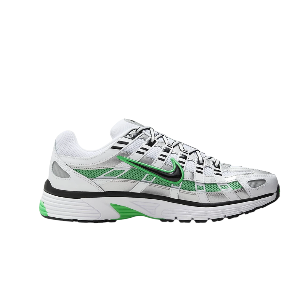 JeevzPlug Nike P-6000 sneaker in white mesh with metallic silver, spring green overlays, and a black Swoosh side view.