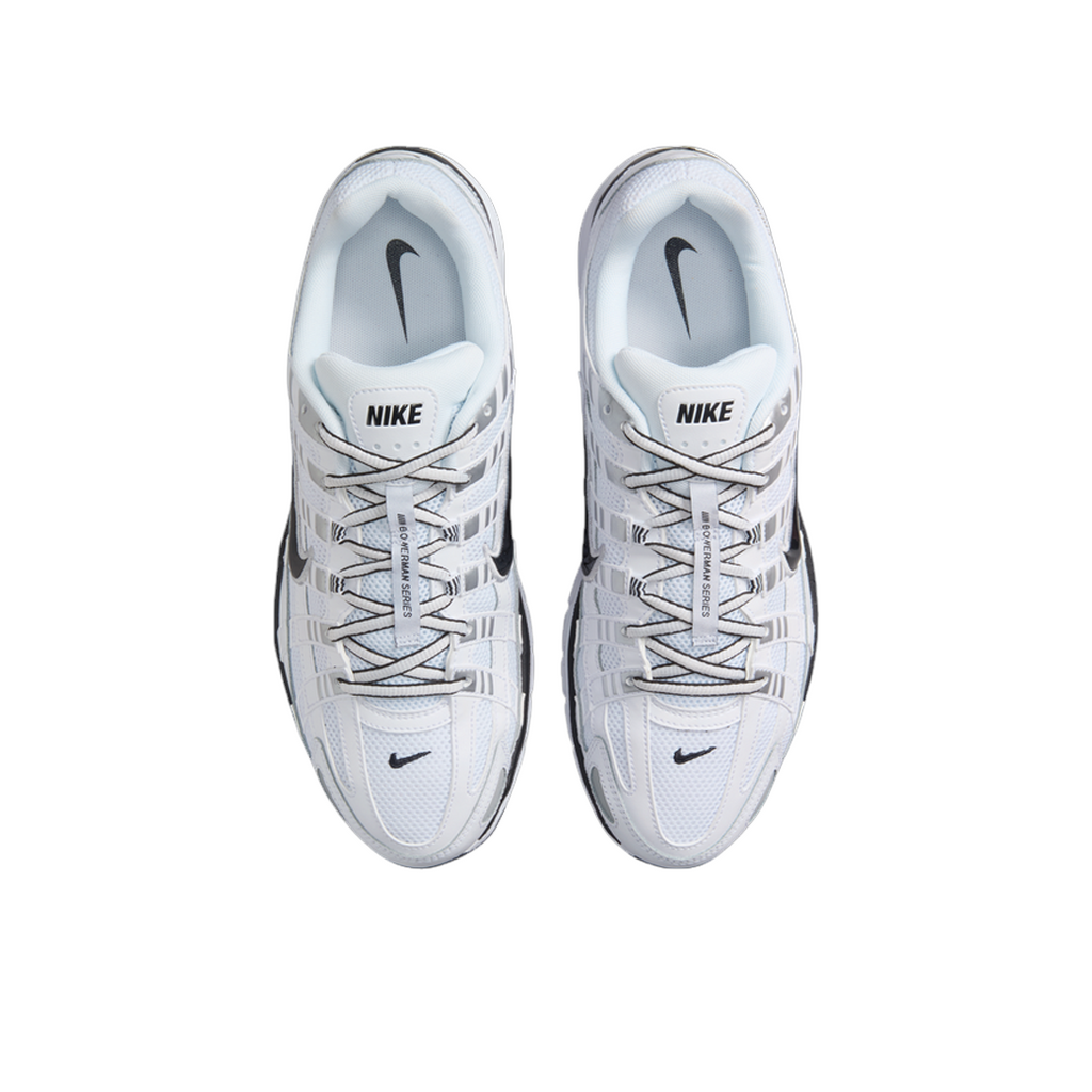 JeevzPlug Nike P-6000 Obsidian Summit White sneakers featuring a white mesh upper with leather overlays and dark accents