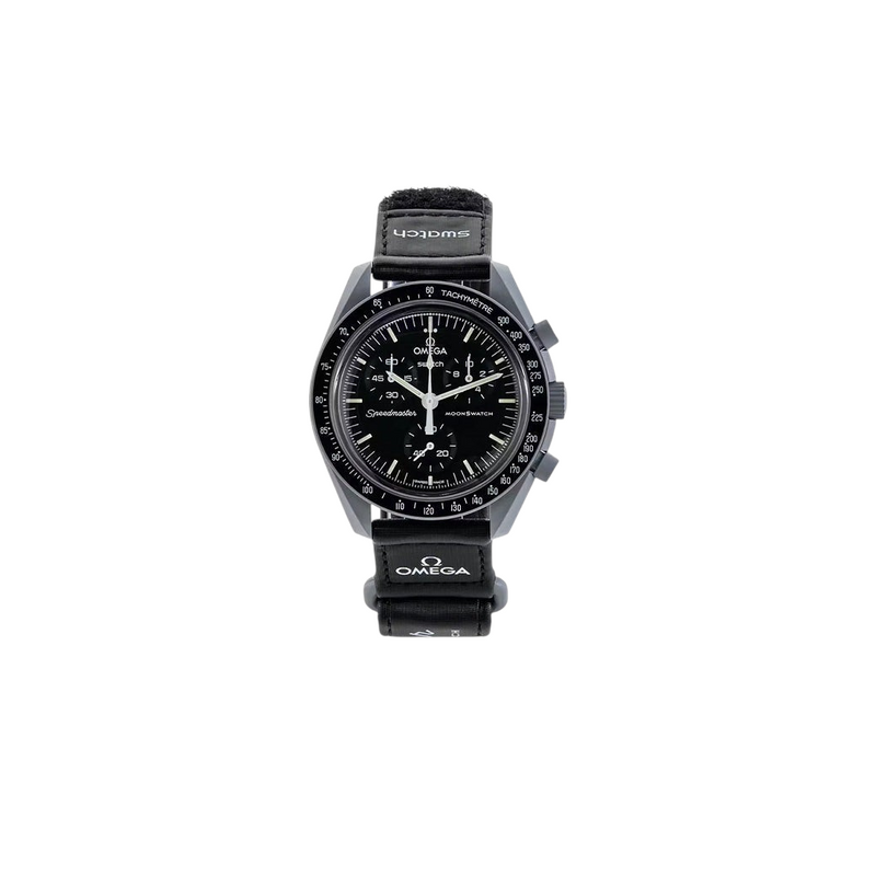 JeevzPlug Swatch x Omega Bioceramic Moonswatch Mission to the Moon chronograph watch with black dial and velcro strap