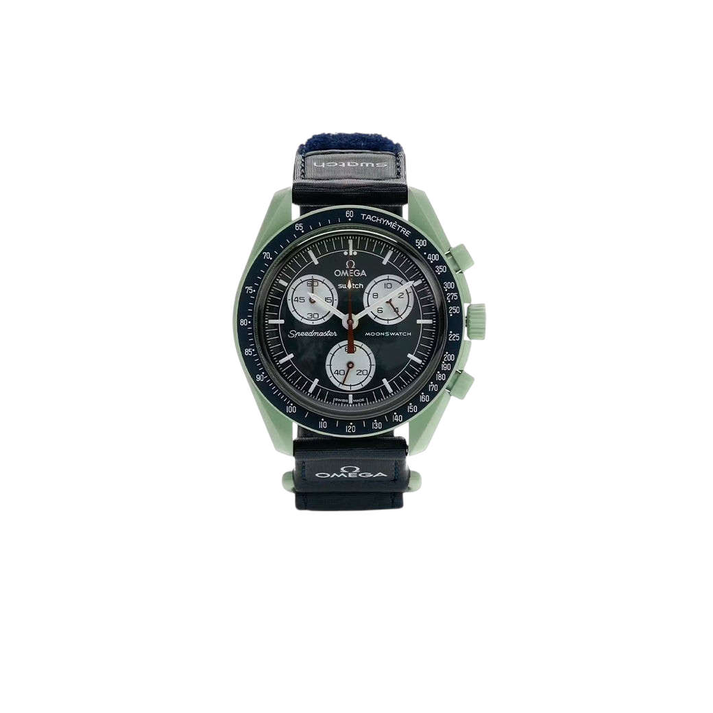 JeevzPlug Swatch x OMEGA Bioceramic MoonSwatch Mission to Earth watch with green case and blue Velcro strap
