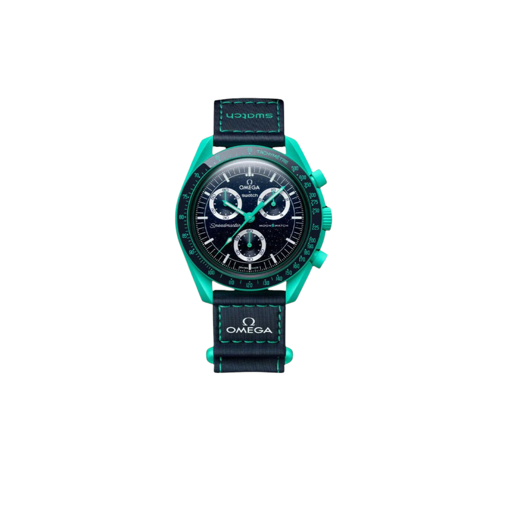 JeevzPlug Swatch x Omega Mission to Earth Polar Lights watch with a bright turquoise Bioceramic case and dark dial.