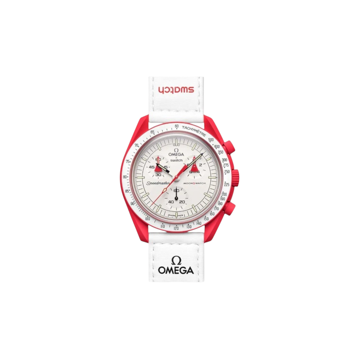 JeevzPlug Swatch x Omega Bioceramic MoonSwatch Mission to Mars watch with a red case and white velcro strap