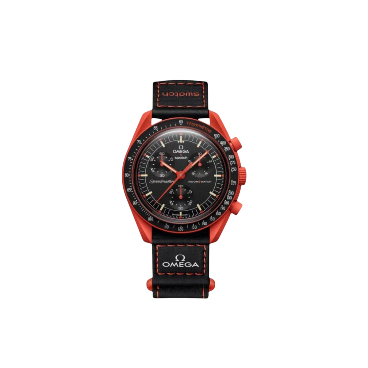 JeevzPlug Swatch x Omega Bioceramic MoonSwatch Mission on Earth Lava watch with orange case and black velcro strap