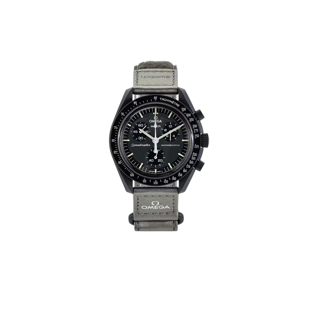 JeevzPlug Swatch x Omega Bioceramic Moonswatch Mission to Mercury watch with a charcoal grey case and velcro strap