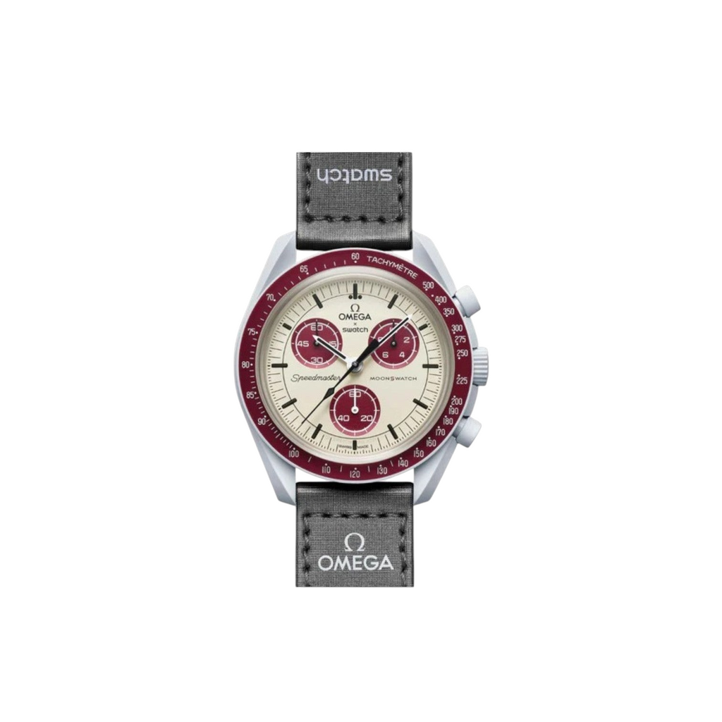 JeevzPlug Swatch x Omega Bioceramic MoonSwatch Mission to Pluto watch with grey case, burgundy bezel, and grey strap.