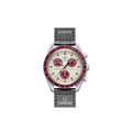 JeevzPlug Swatch x Omega Bioceramic MoonSwatch Mission to Pluto watch with grey case, burgundy bezel, and grey strap.