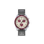 JeevzPlug Swatch x Omega Bioceramic MoonSwatch Mission to Pluto watch with grey case, burgundy bezel, and grey strap.