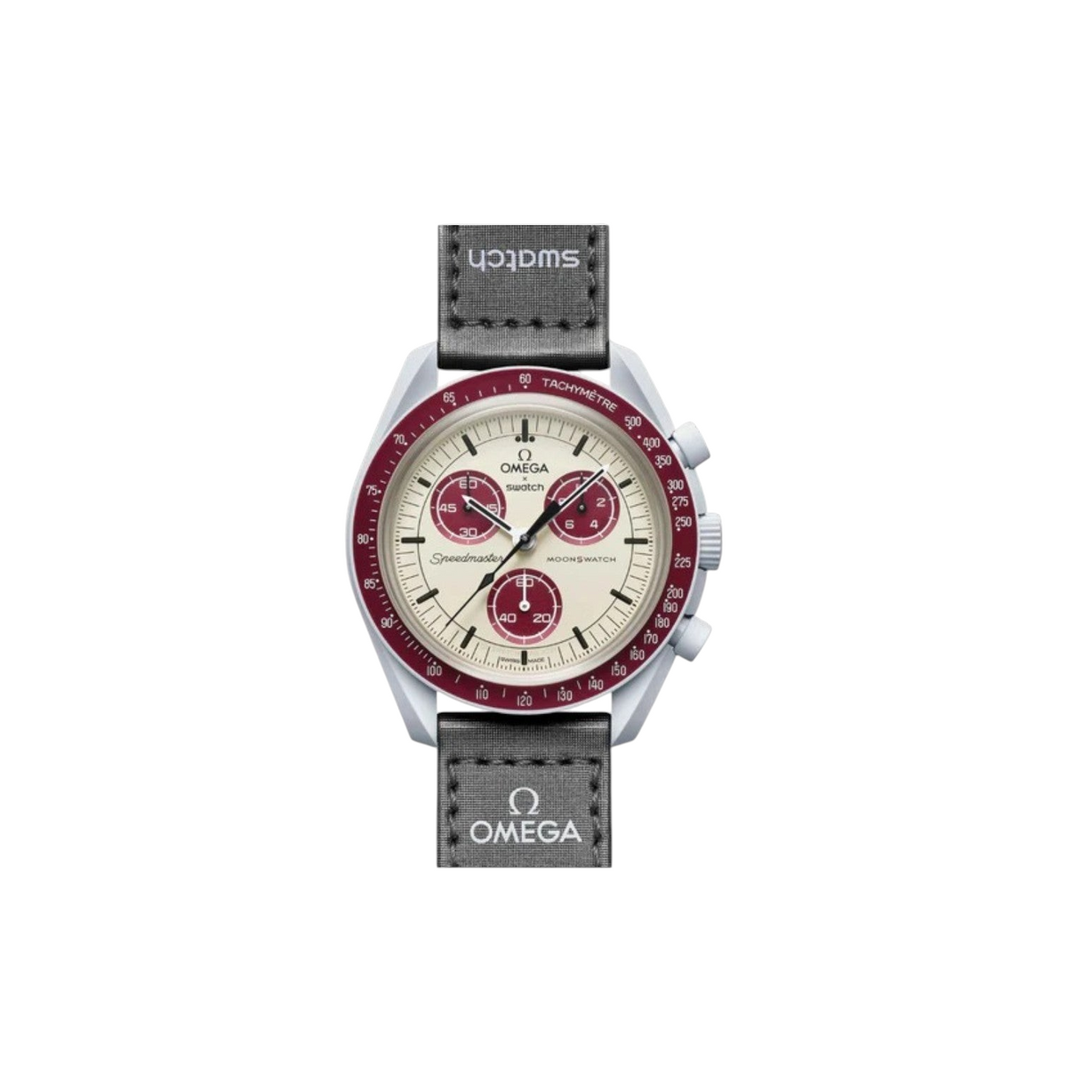 JeevzPlug Swatch x Omega Bioceramic MoonSwatch Mission to Pluto watch with grey case, burgundy bezel, and grey strap.