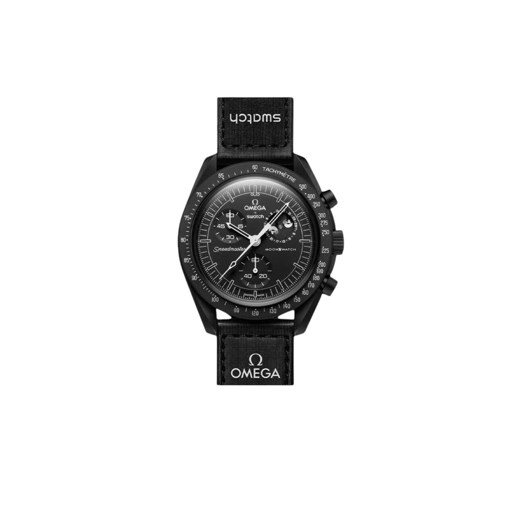 JeevzPlug Swatch x Omega Bioceramic MoonSwatch New Moon watch with black case, Snoopy moon phase, and Velcro strap.