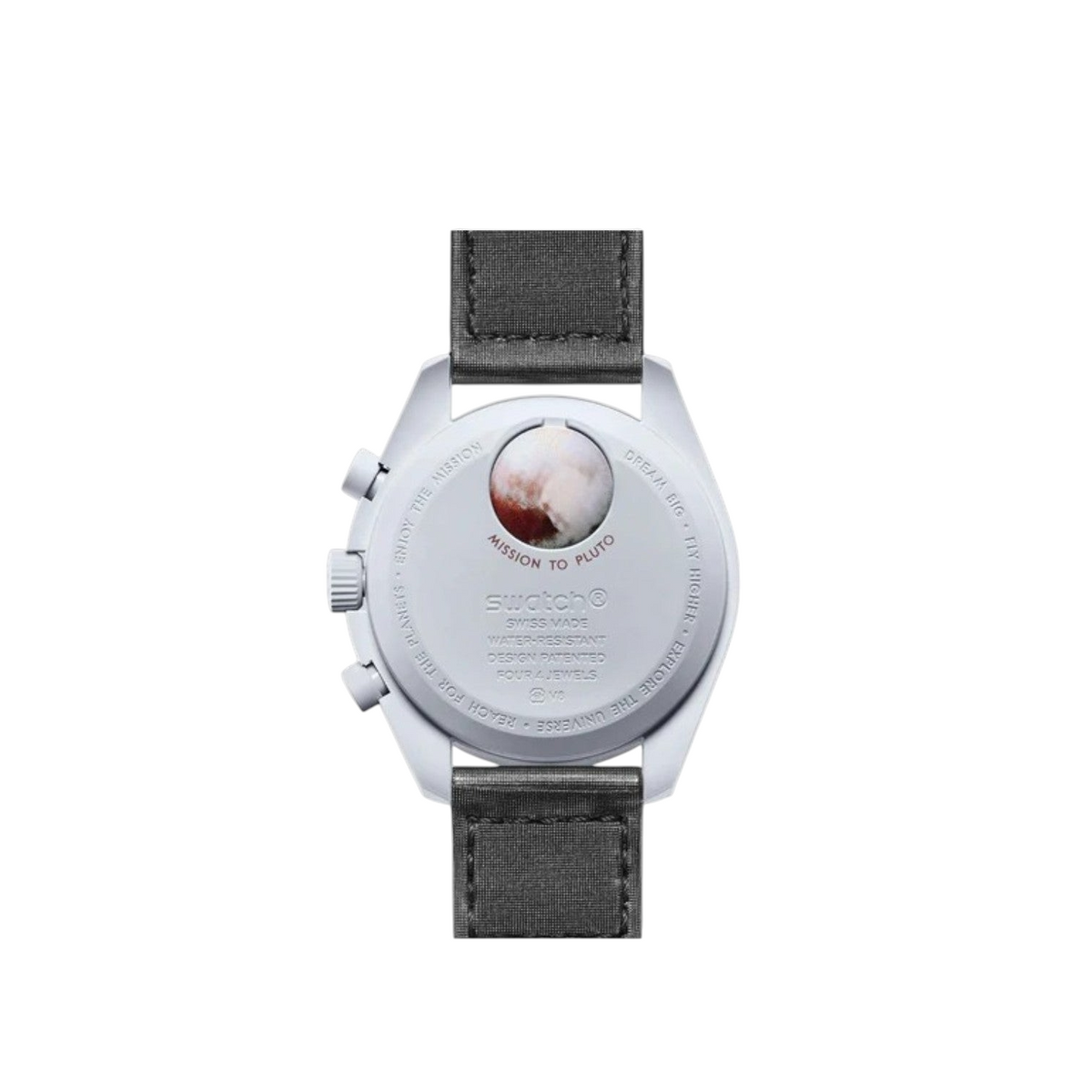 JeevzPlug Swatch x Omega Bioceramic MoonSwatch Mission to Pluto watch case back with planetary graphic and grey strap