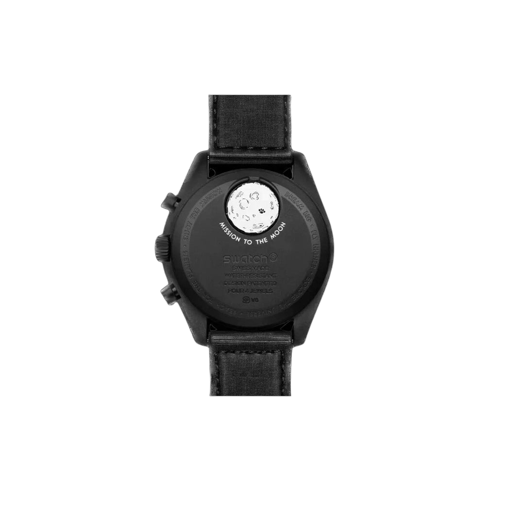 JeevzPlug Swatch x Omega Bioceramic MoonSwatch New Moon watch case back featuring Snoopy on the moon phase disc.