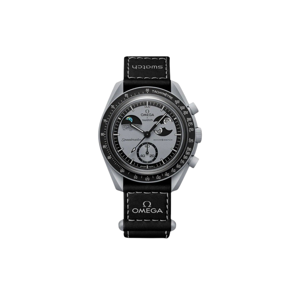 JeevzPlug Swatch x Omega Bioceramic Moonswatch Mission to Earthphase watch with grey dial and black velcro strap