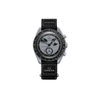 JeevzPlug Swatch x Omega Bioceramic Moonswatch Mission to Earthphase watch with grey dial and black velcro strap