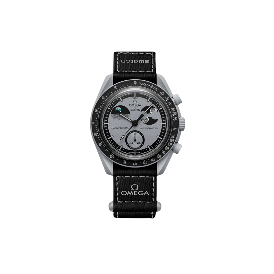 JeevzPlug Swatch x Omega Bioceramic Moonswatch Mission to Earthphase watch with grey dial and black velcro strap