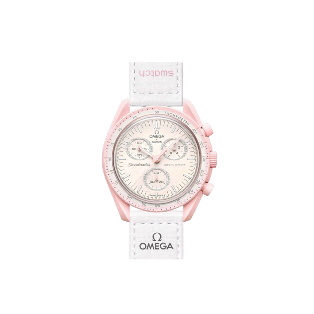 JeevzPlug Swatch x Omega Bioceramic MoonSwatch Mission to Venus watch with a pastel pink case and white VELCRO strap.