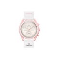 JeevzPlug Swatch x Omega Bioceramic MoonSwatch Mission to Venus watch with a pastel pink case and white VELCRO strap.