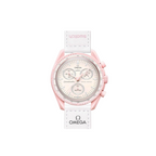 JeevzPlug Swatch x Omega Bioceramic MoonSwatch Mission to Venus watch with a pastel pink case and white VELCRO strap.