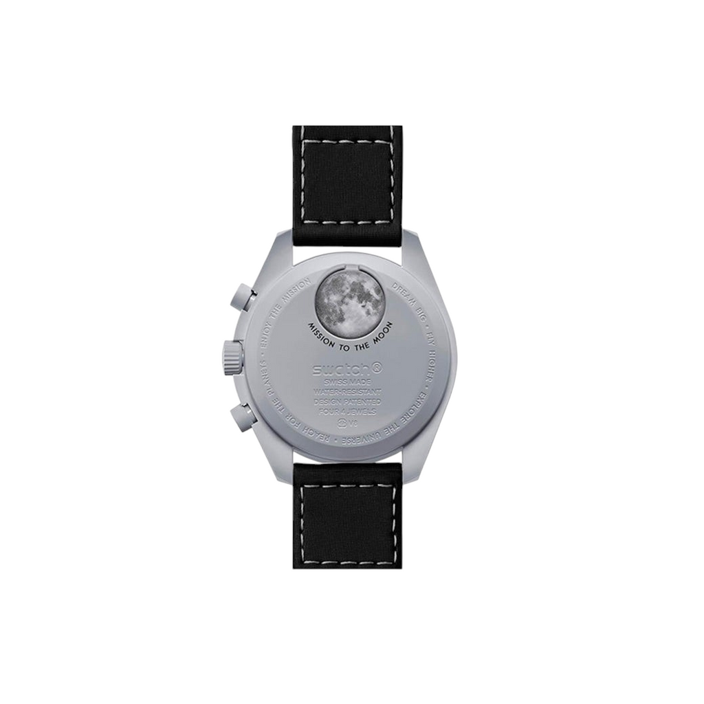 JeevzPlug Swatch x Omega Bioceramic Moonswatch Mission to Earthphase watch case back with lunar surface detail