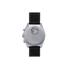 JeevzPlug Swatch x Omega Bioceramic Moonswatch Mission to Earthphase watch case back with lunar surface detail