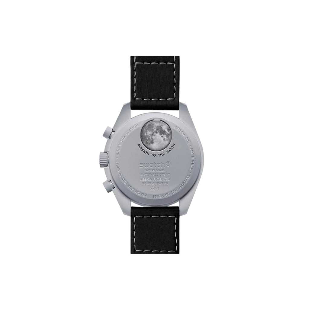 JeevzPlug Swatch x Omega Bioceramic Moonswatch Mission to Earthphase watch case back with lunar surface detail