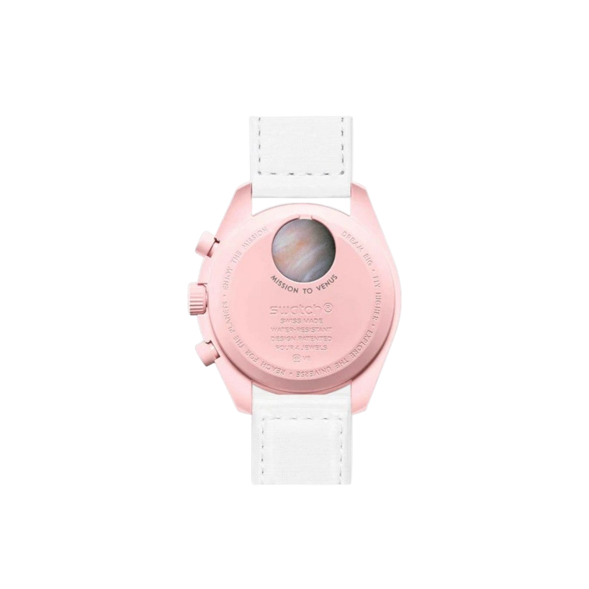 JeevzPlug Swatch x Omega Mission to Venus watch case back showing the planet Venus graphic and white VELCRO strap