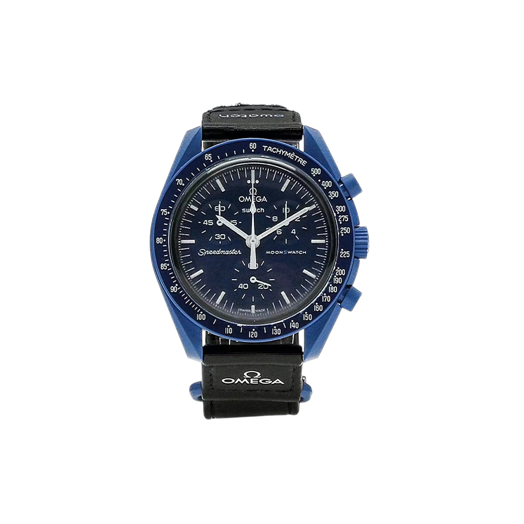 JeevzPlug Swatch x OMEGA Bioceramic MoonSwatch Mission to Neptune watch with deep blue case and black Velcro strap
