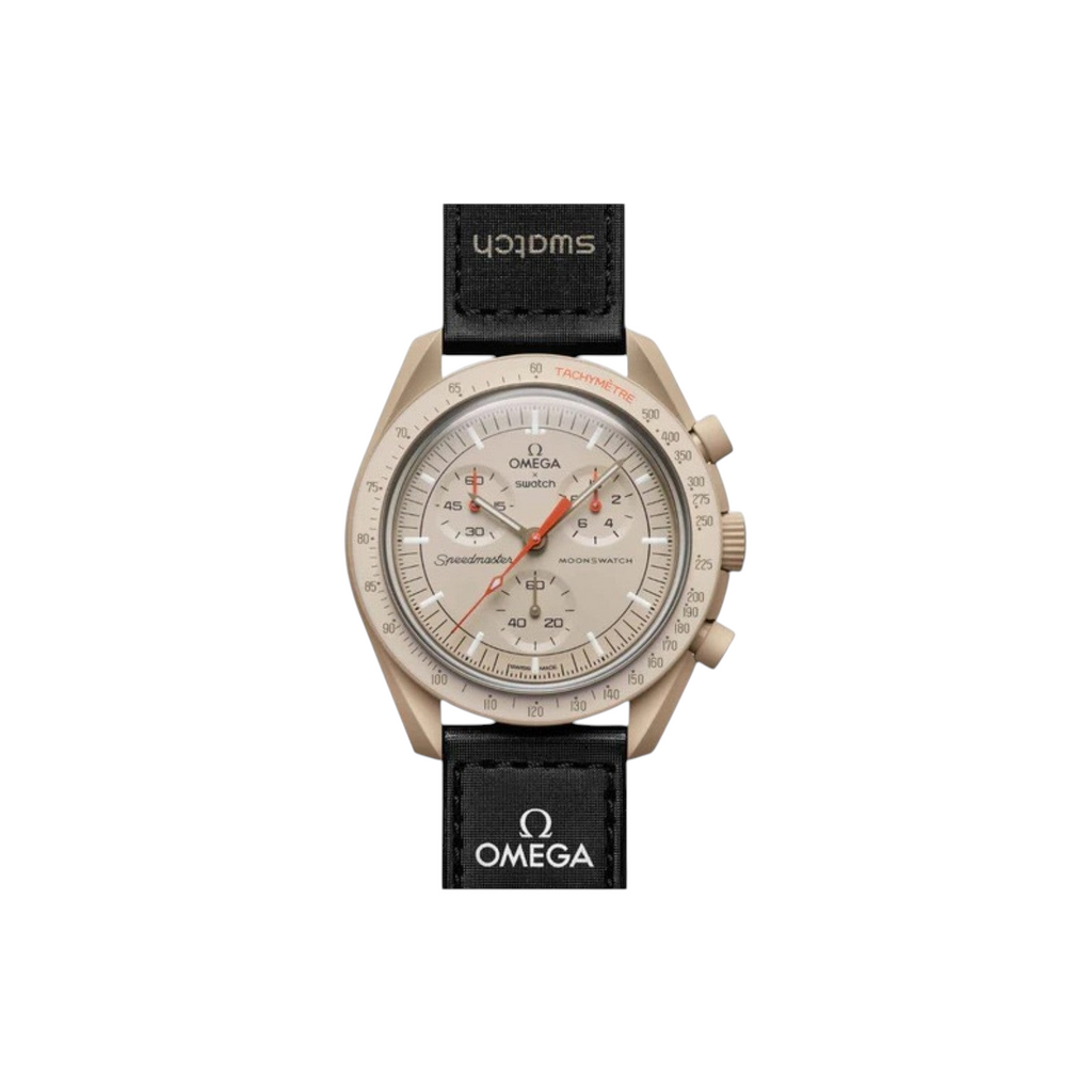 JeevzPlug Swatch x Omega Bioceramic MoonSwatch Mission to Jupiter watch with beige case and black VELCRO strap