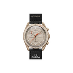 JeevzPlug Swatch x Omega Bioceramic MoonSwatch Mission to Jupiter watch with beige case and black VELCRO strap